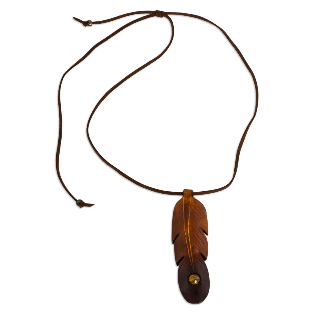 Brown Leather Feather Pendant Necklace with Tiger's Eye - Feather Spirit