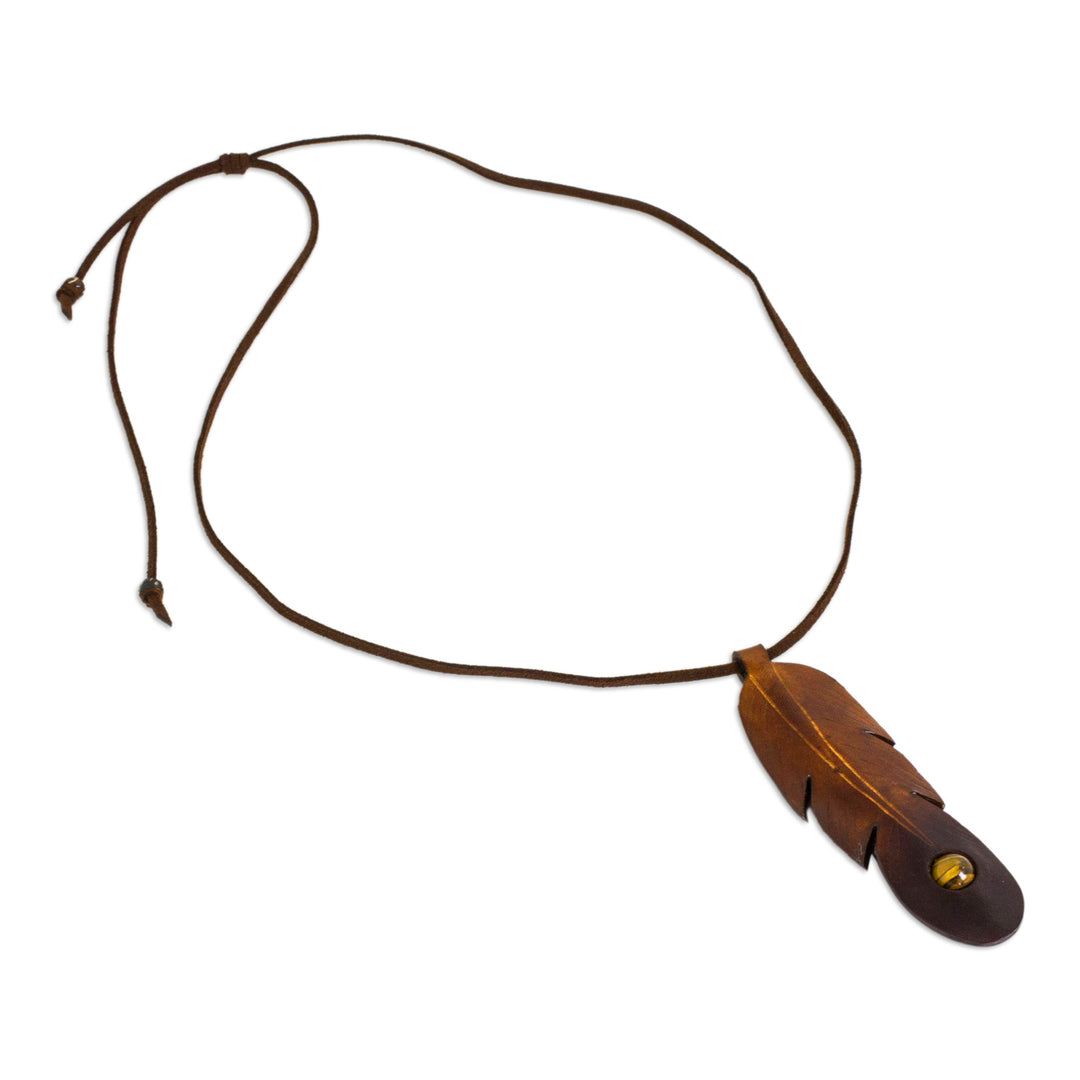 Brown Leather Feather Pendant Necklace with Tiger's Eye - Feather Spirit