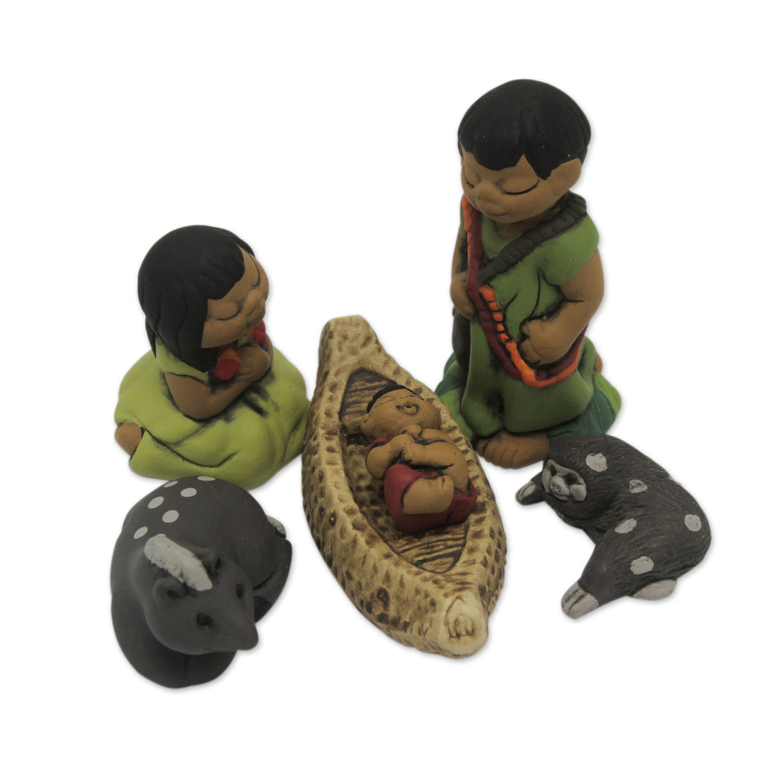Handpainted Peruvian Amazon Ceramic Nativity Scene Figurines - An Ashaninka Christmas
