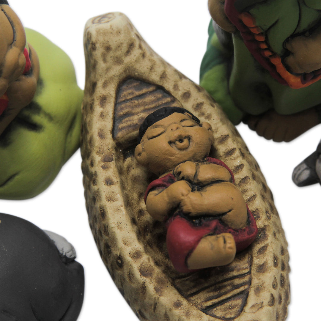 Handpainted Peruvian Amazon Ceramic Nativity Scene Figurines - An Ashaninka Christmas