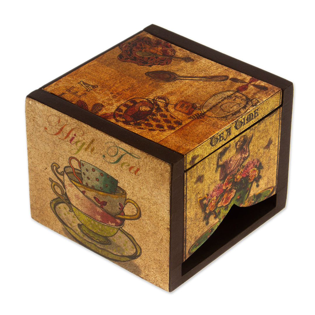 Petite Ventilated Decoupage Decorative Tea Box from Mexico - Tea Time