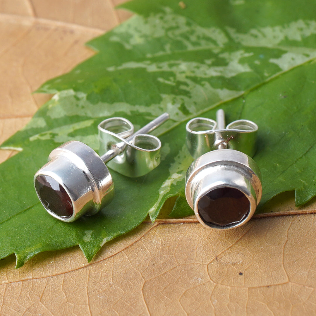 Genuine Garnet and Sterling Silver Stud Earrings from Bali - Red Simplicity