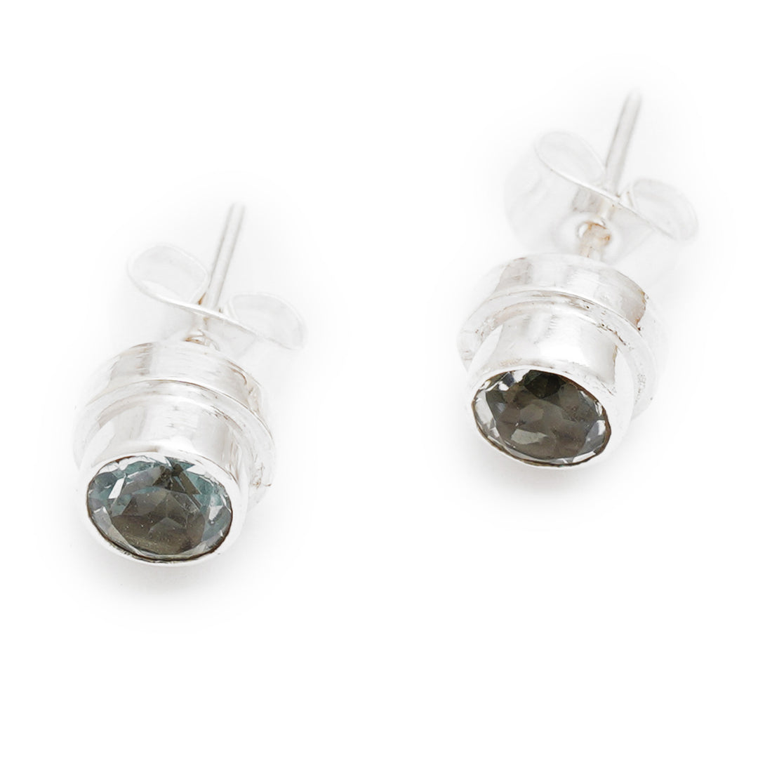 Classic Blue Topaz and Sterling Silver Round Stud Earrings - Blue Simplicity