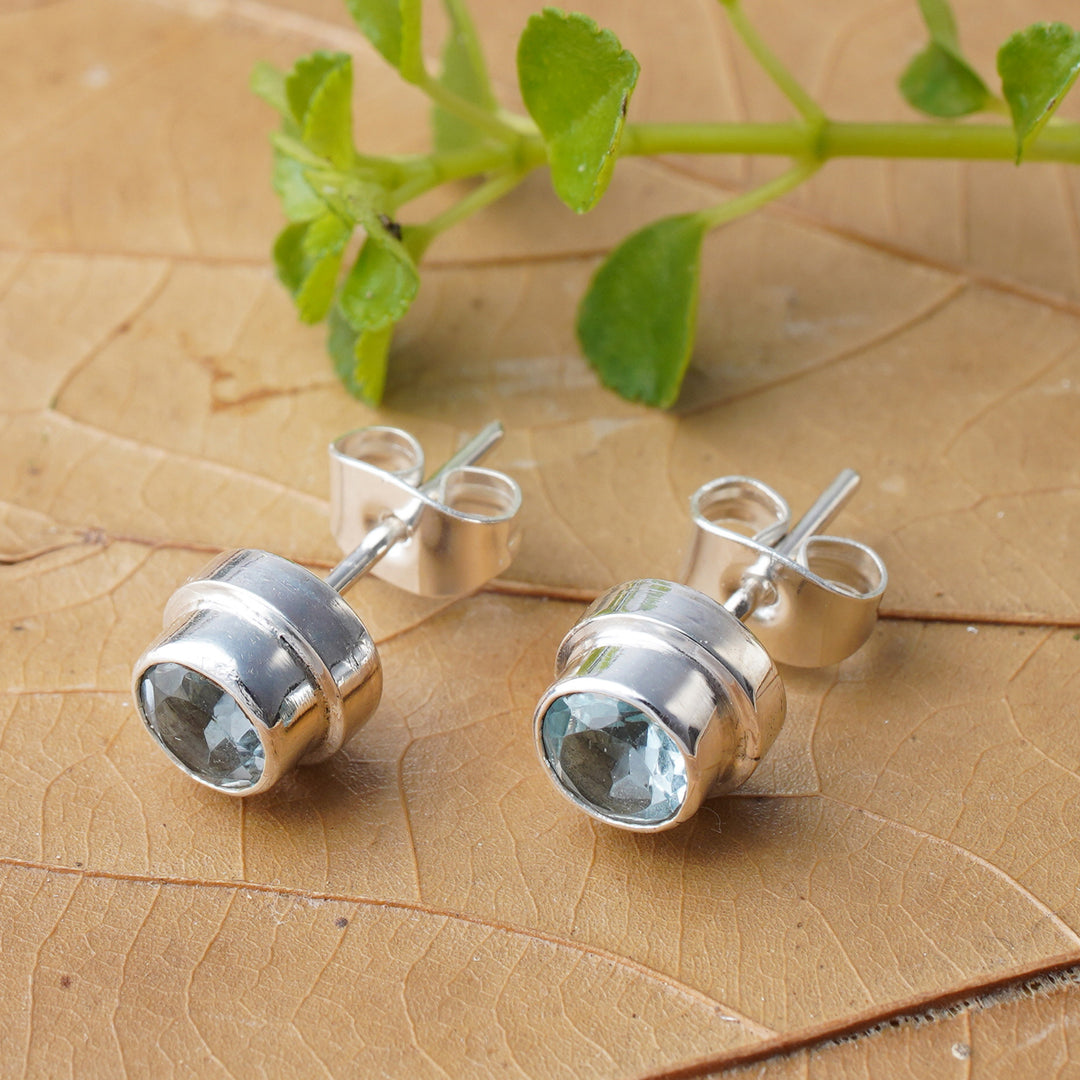 Classic Blue Topaz and Sterling Silver Round Stud Earrings - Blue Simplicity