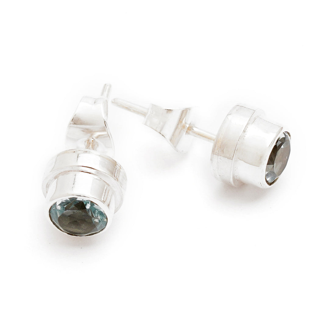 Classic Blue Topaz and Sterling Silver Round Stud Earrings - Blue Simplicity