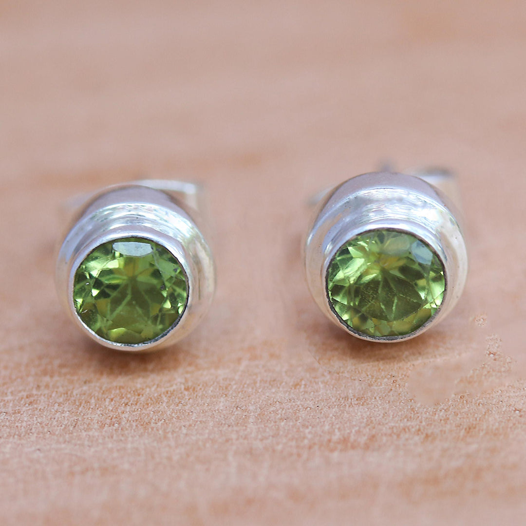 Artisan Crafted Green Peridot Stud Earrings in 925 Silver - Green Simplicity