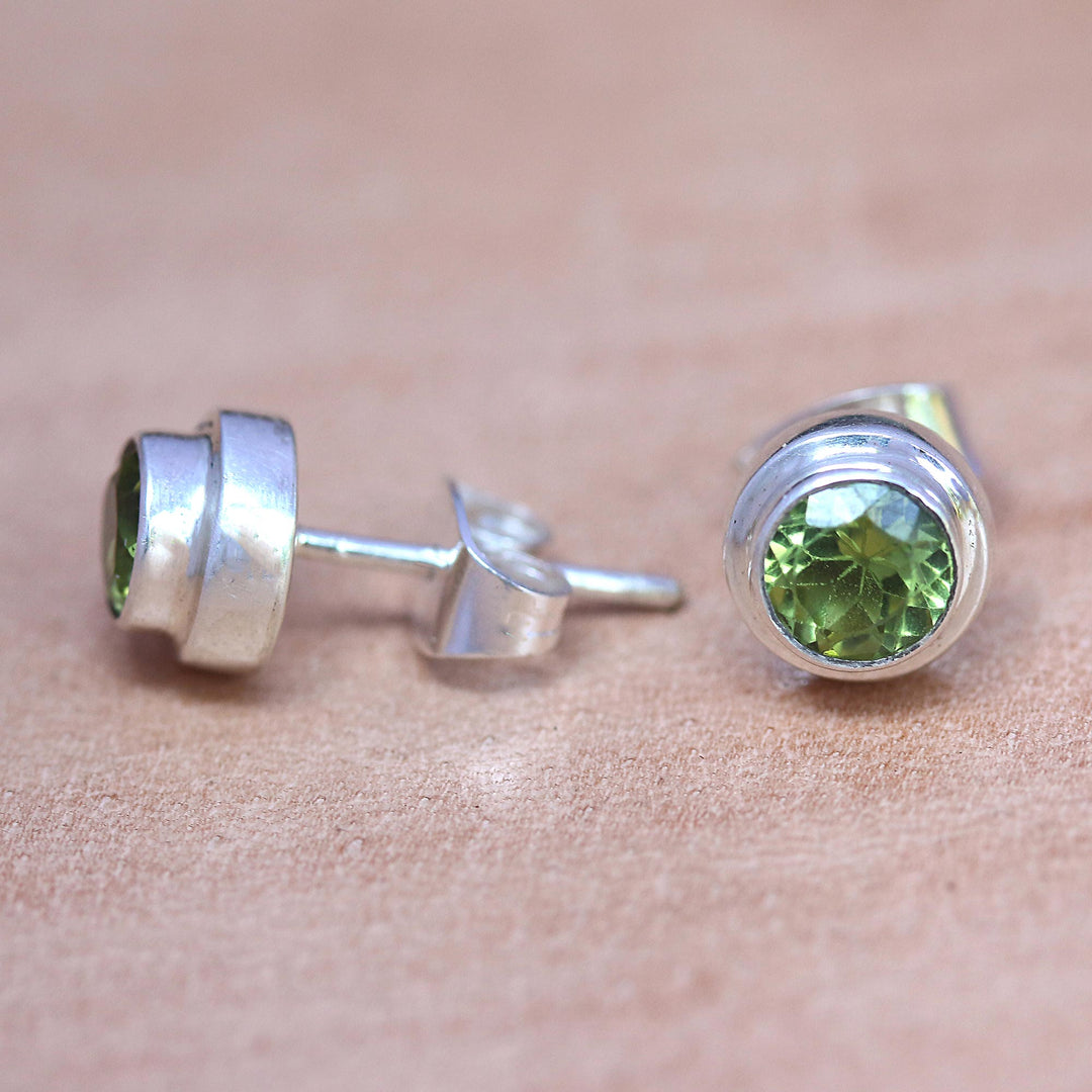 Artisan Crafted Green Peridot Stud Earrings in 925 Silver - Green Simplicity