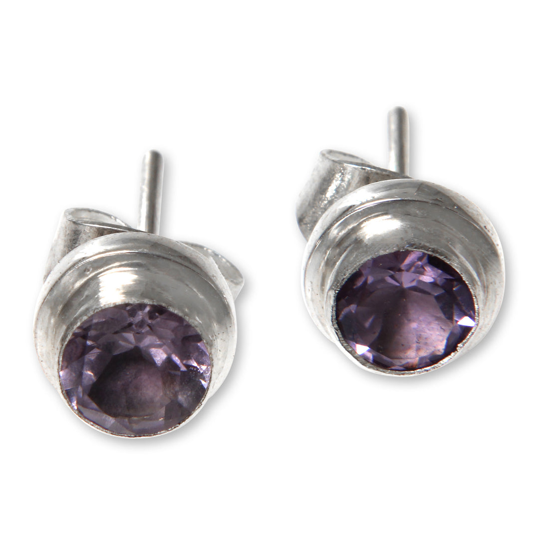 Round Amethyst and Sterling Silver 925 Stud Earrings - Purple Simplicity