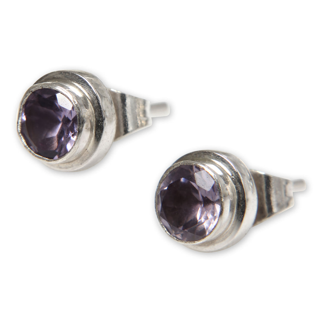 Round Amethyst and Sterling Silver 925 Stud Earrings - Purple Simplicity