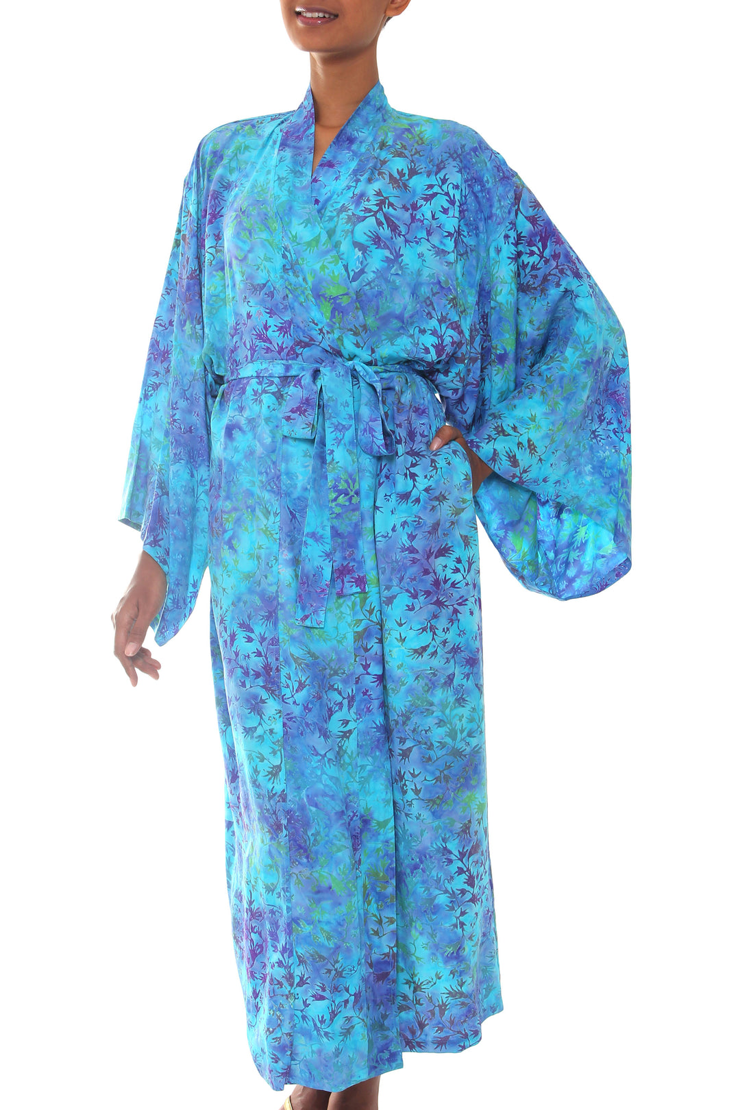 Women's Blue and Green Hand Crafted Batik Rayon Robe - Misty Garden
