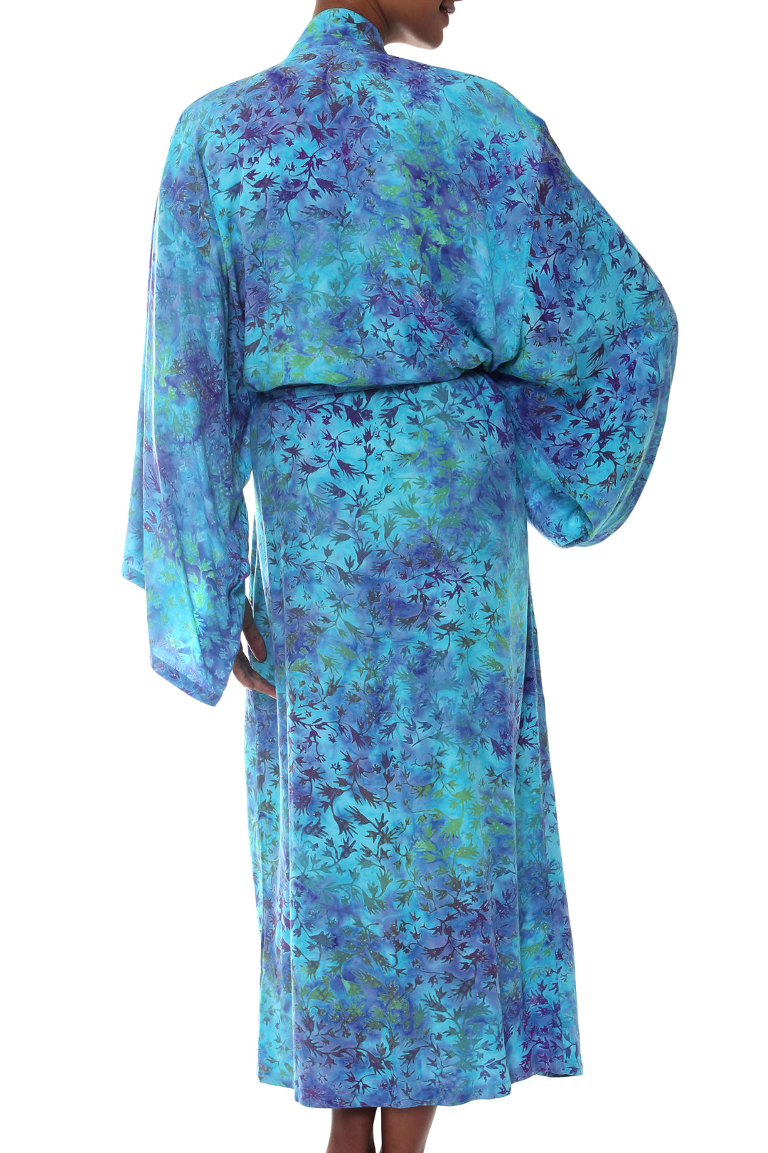 Women's Blue and Green Hand Crafted Batik Rayon Robe - Misty Garden