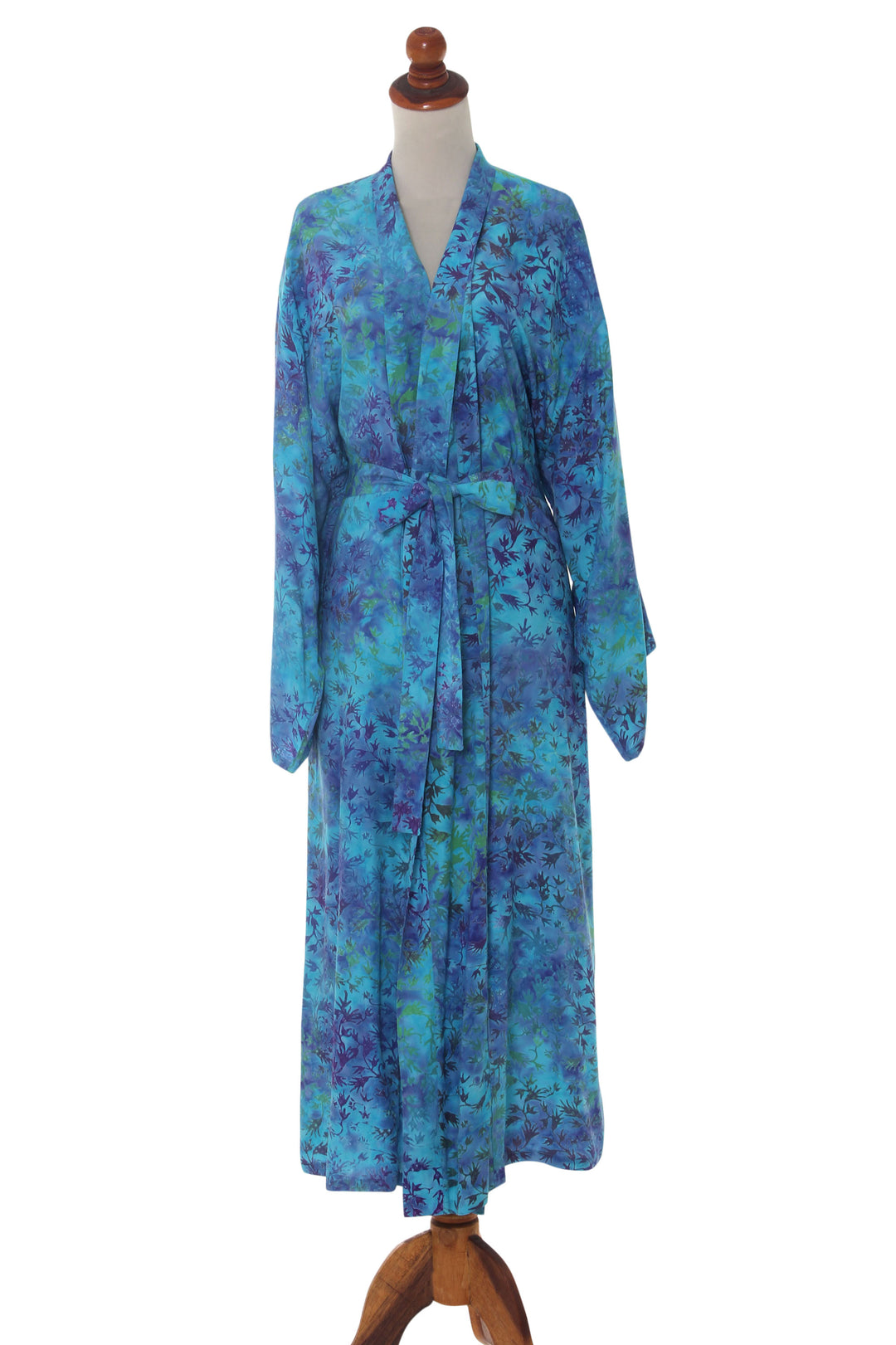 Women's Blue and Green Hand Crafted Batik Rayon Robe - Misty Garden