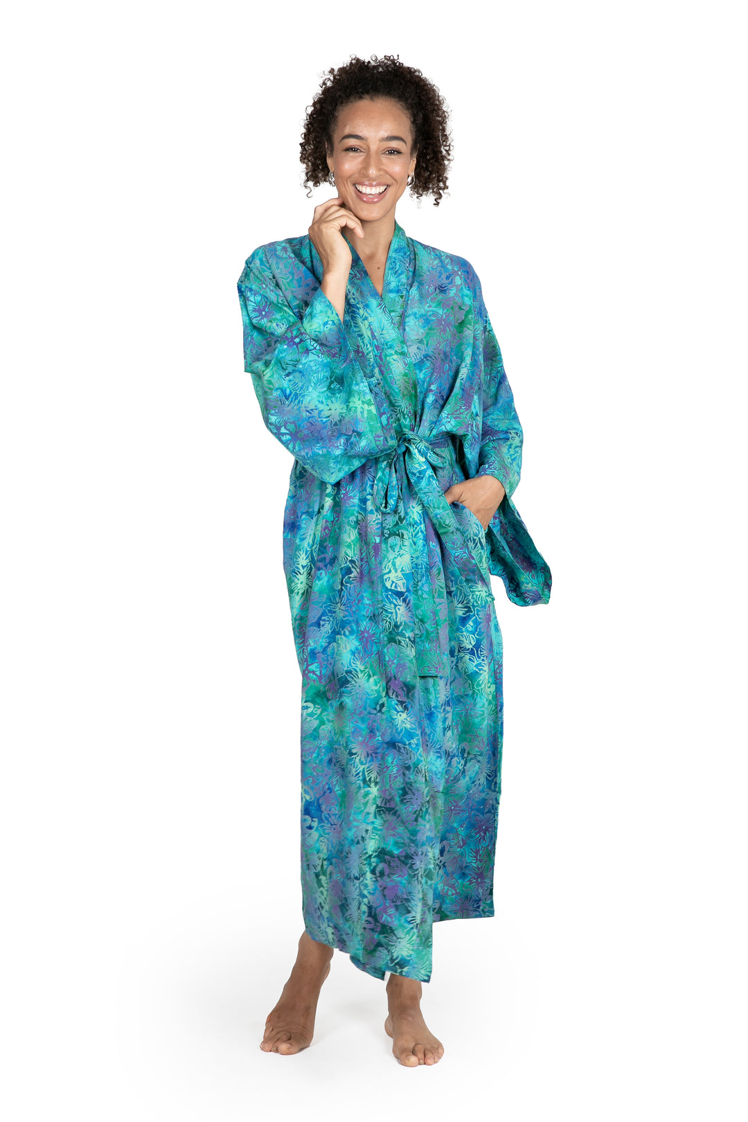 Green and Blue Tie-Dye and Batik Rayon Belted Robe - Ocean Jungle