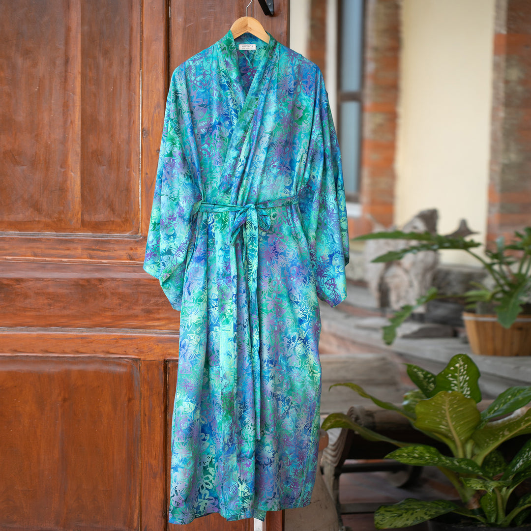 Green and Blue Tie-Dye and Batik Rayon Belted Robe - Ocean Jungle