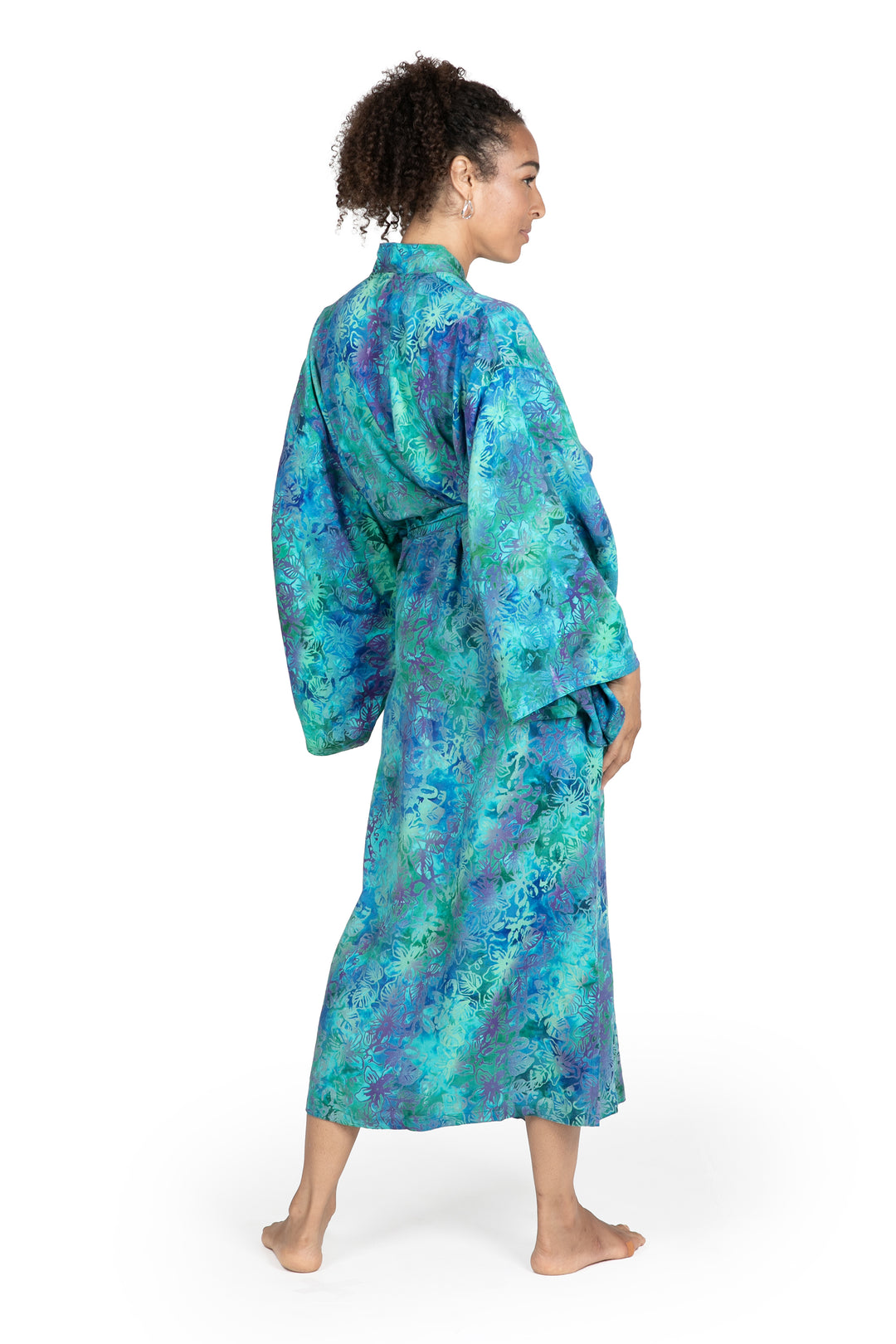 Green and Blue Tie-Dye and Batik Rayon Belted Robe - Ocean Jungle