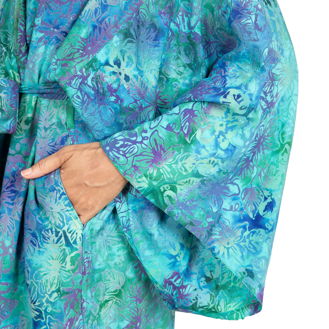 Green and Blue Tie-Dye and Batik Rayon Belted Robe - Ocean Jungle