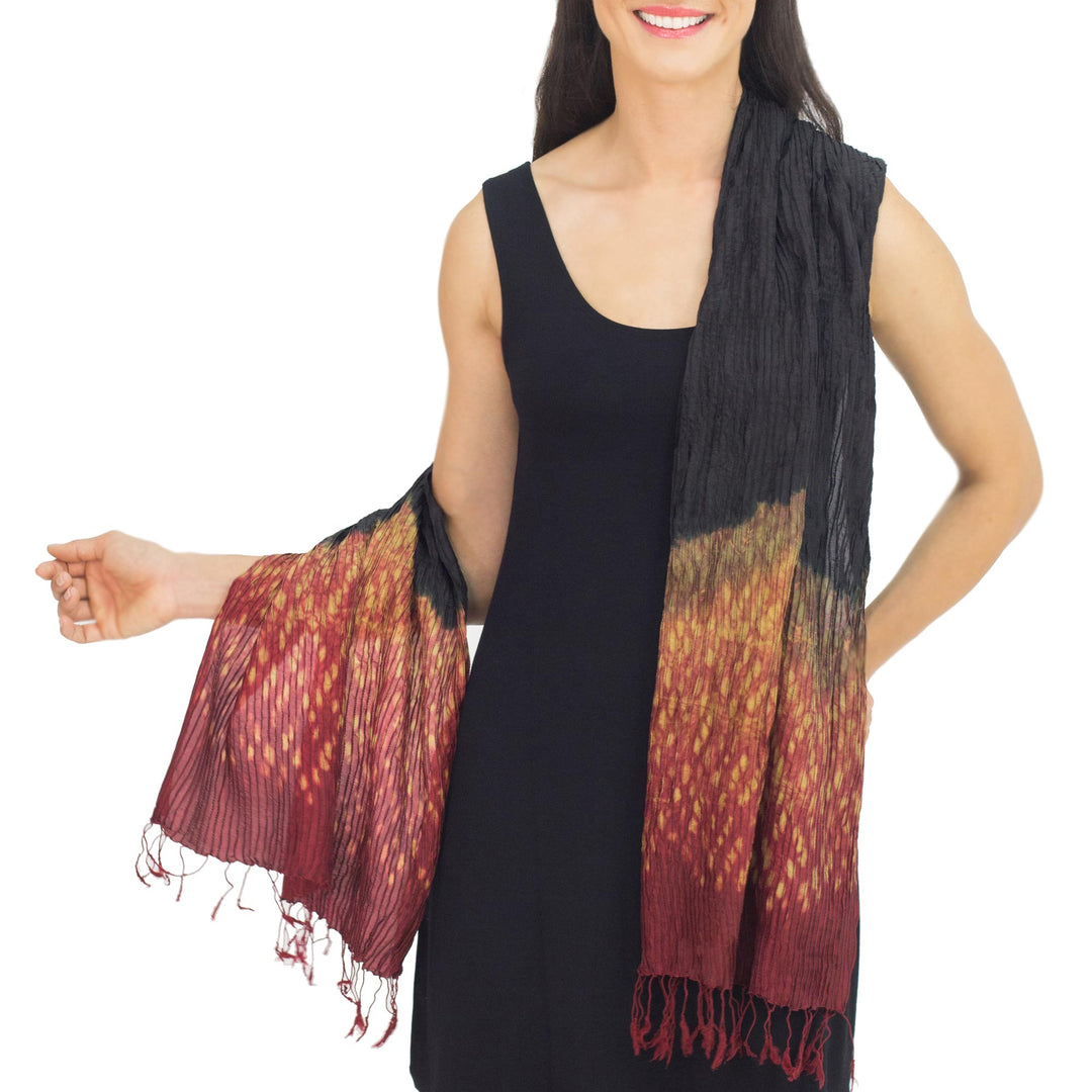 Fiery Tie-dye Silk Rayon Scarf Crafted by Hand in Thailand - Black Red Kaleidoscopic
