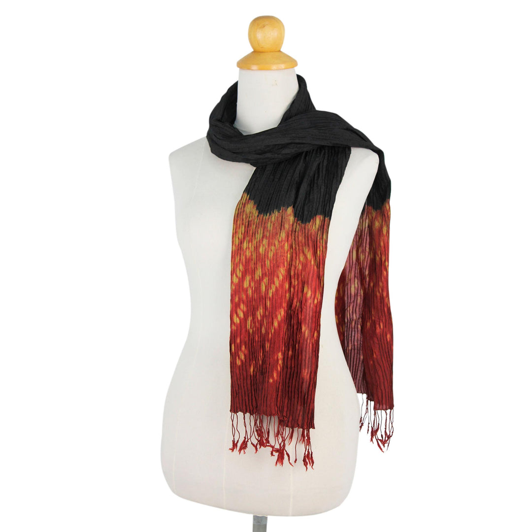 Fiery Tie-dye Silk Rayon Scarf Crafted by Hand in Thailand - Black Red Kaleidoscopic