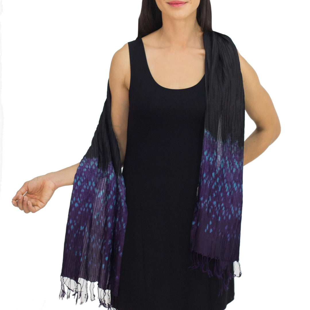 Black Tie Dyed Pin Tuck Scarf with Purple and Blue - Black Purple Kaleidoscopic