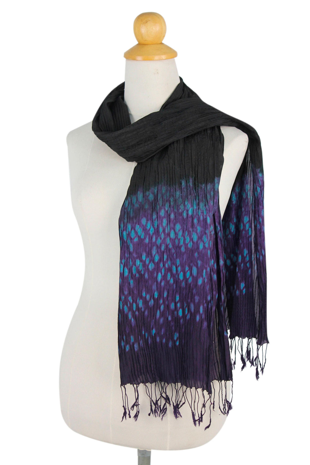 Black Tie Dyed Pin Tuck Scarf with Purple and Blue - Black Purple Kaleidoscopic