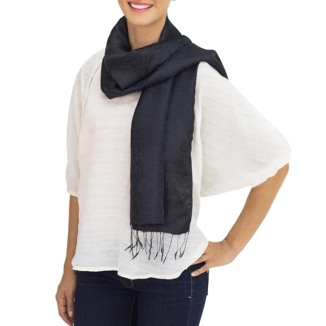 Black Floral Silk and Rayon Blend Scarf from Thailand - Black Bouquet