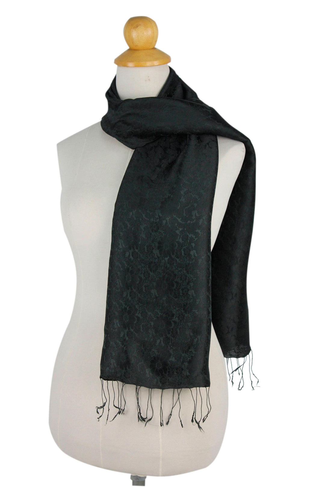 Black Floral Silk and Rayon Blend Scarf from Thailand - Black Bouquet