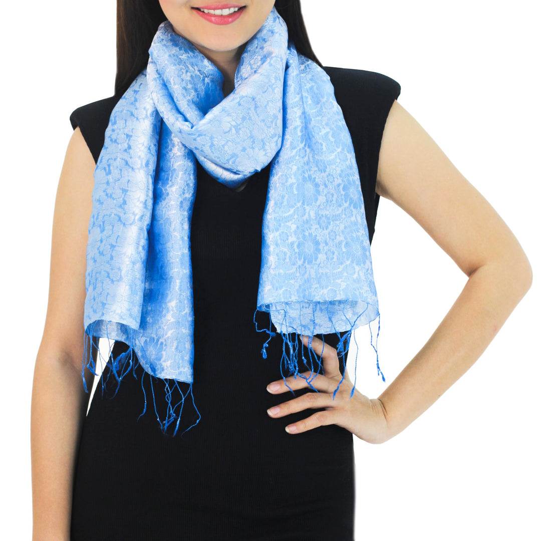 Fair Trade Floral Blue Scarf from Thailand - Blue Bouquet