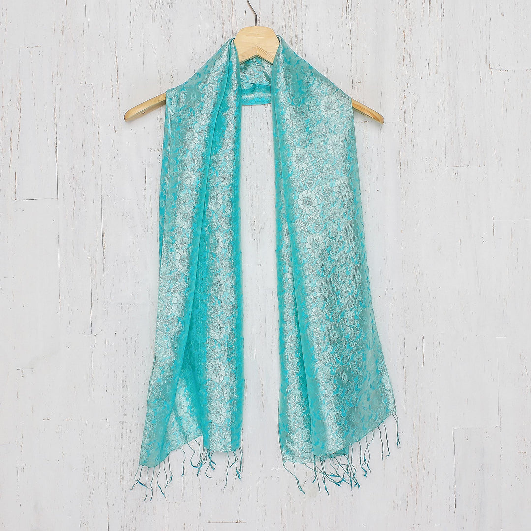 Aqua Floral Pattern Scarf from Thailand - Aqua Bouquet