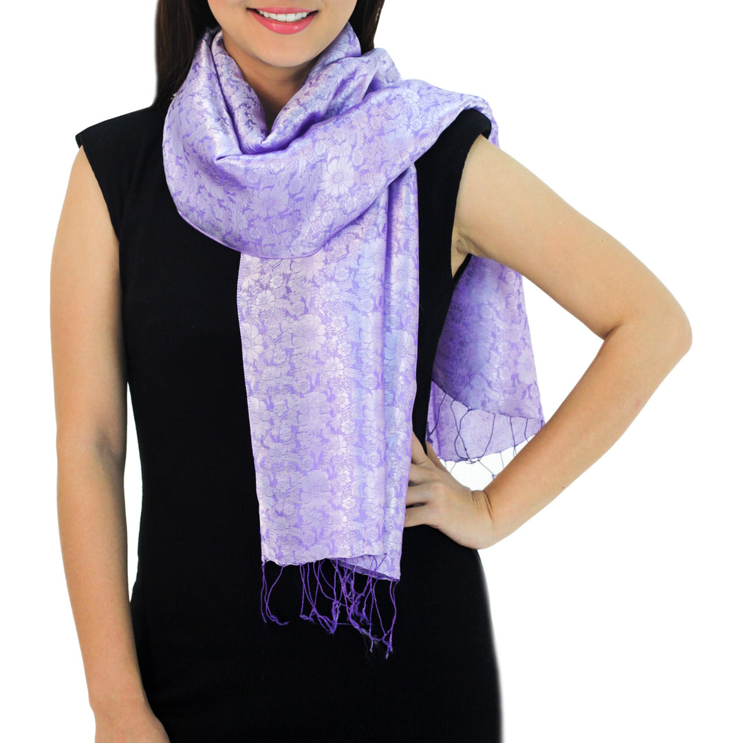 Lilac Flowers on Woven Thai Scarf - Lilac Bouquet