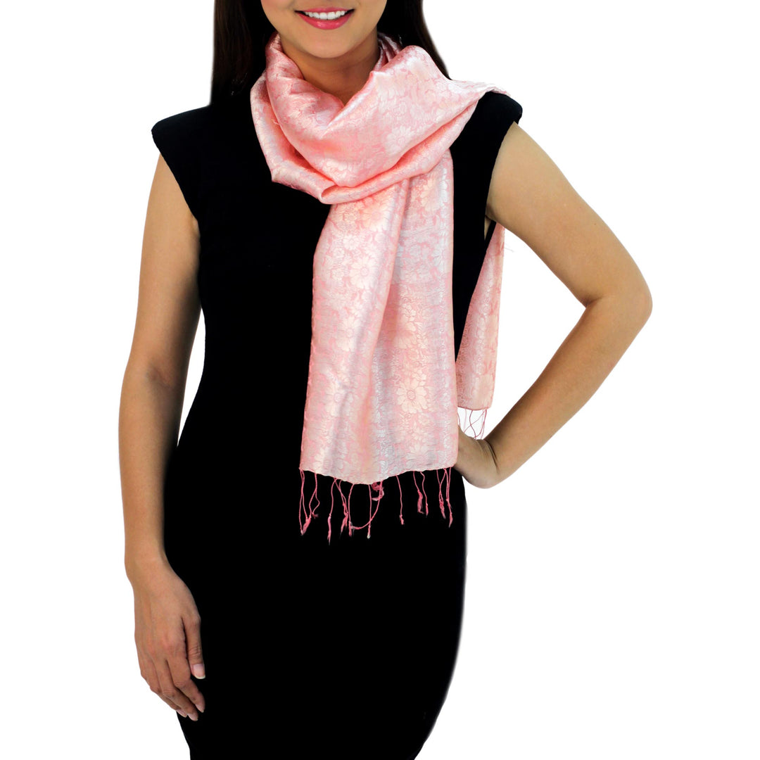 Peach Color Woven Floral Scarf from Thailand - Peach Bouquet