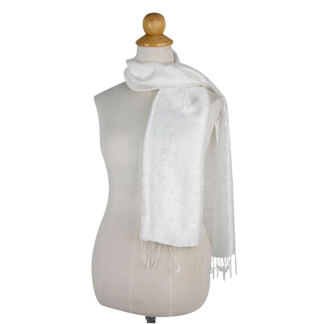 Floral Ivory Rayon Blend Scarf from Thailand - Ivory Bouquet