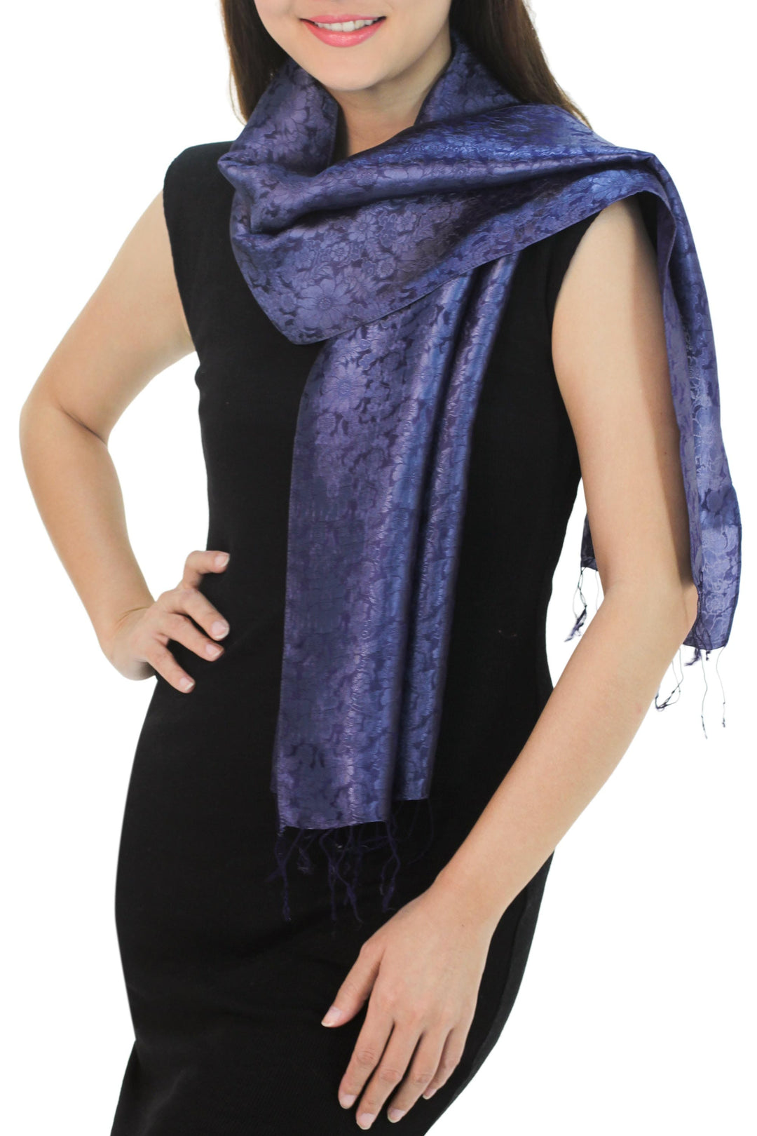 Dark Blue Woven Floral Scarf from Thailand - Navy Blue Bouquet