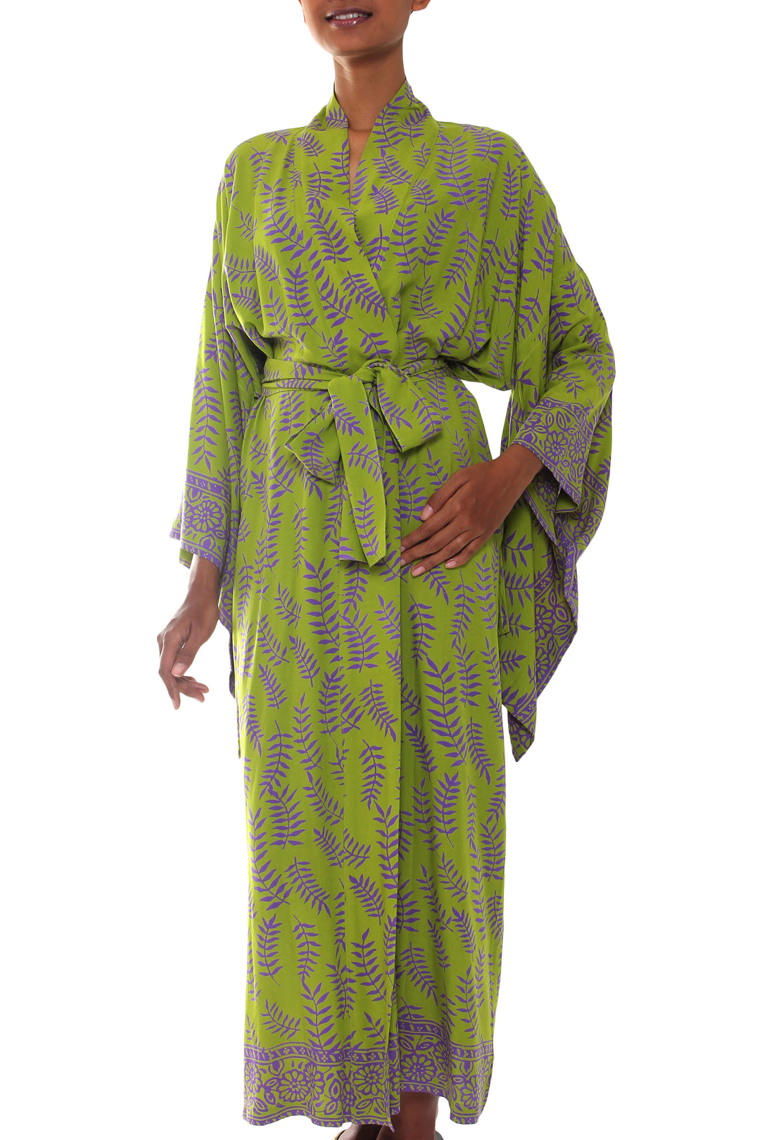 Balinese Green and Purple Fern Leaf Rayon Kimono Style Robe - Tropical Fern Forest