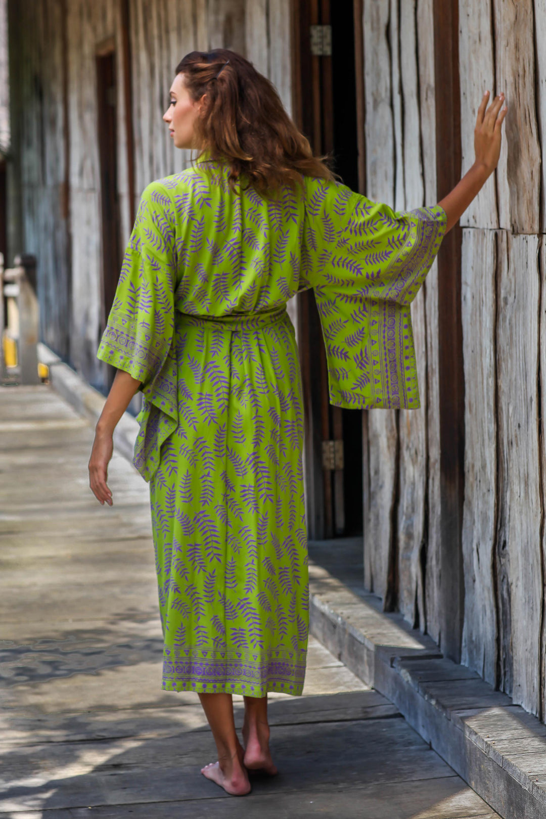 Balinese Green and Purple Fern Leaf Rayon Kimono Style Robe - Tropical Fern Forest