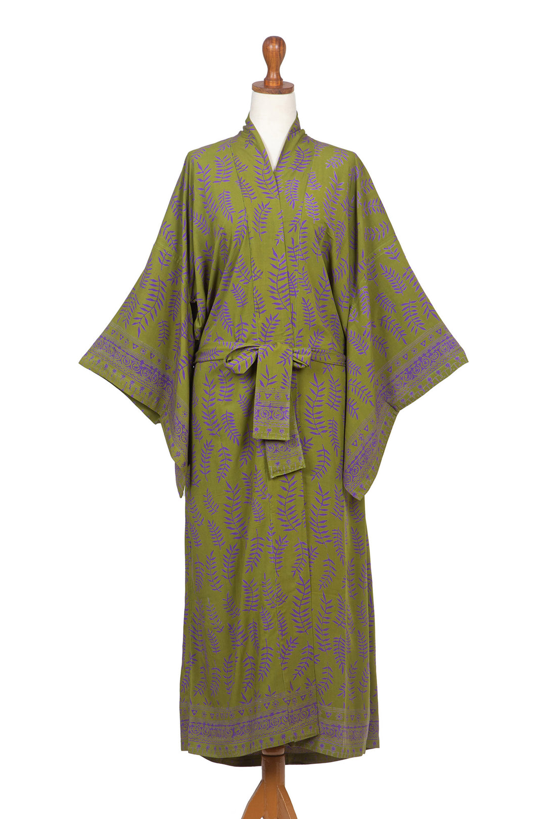 Balinese Green and Purple Fern Leaf Rayon Kimono Style Robe - Tropical Fern Forest
