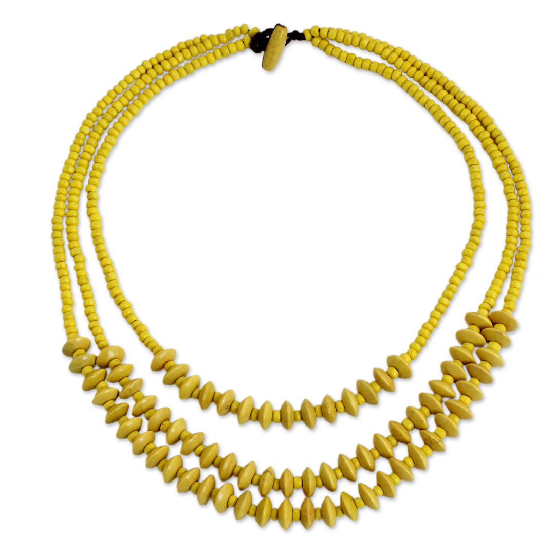 Artisan Crafted Yellow Wood Beaded Waterfall Necklace - Happy Yellow