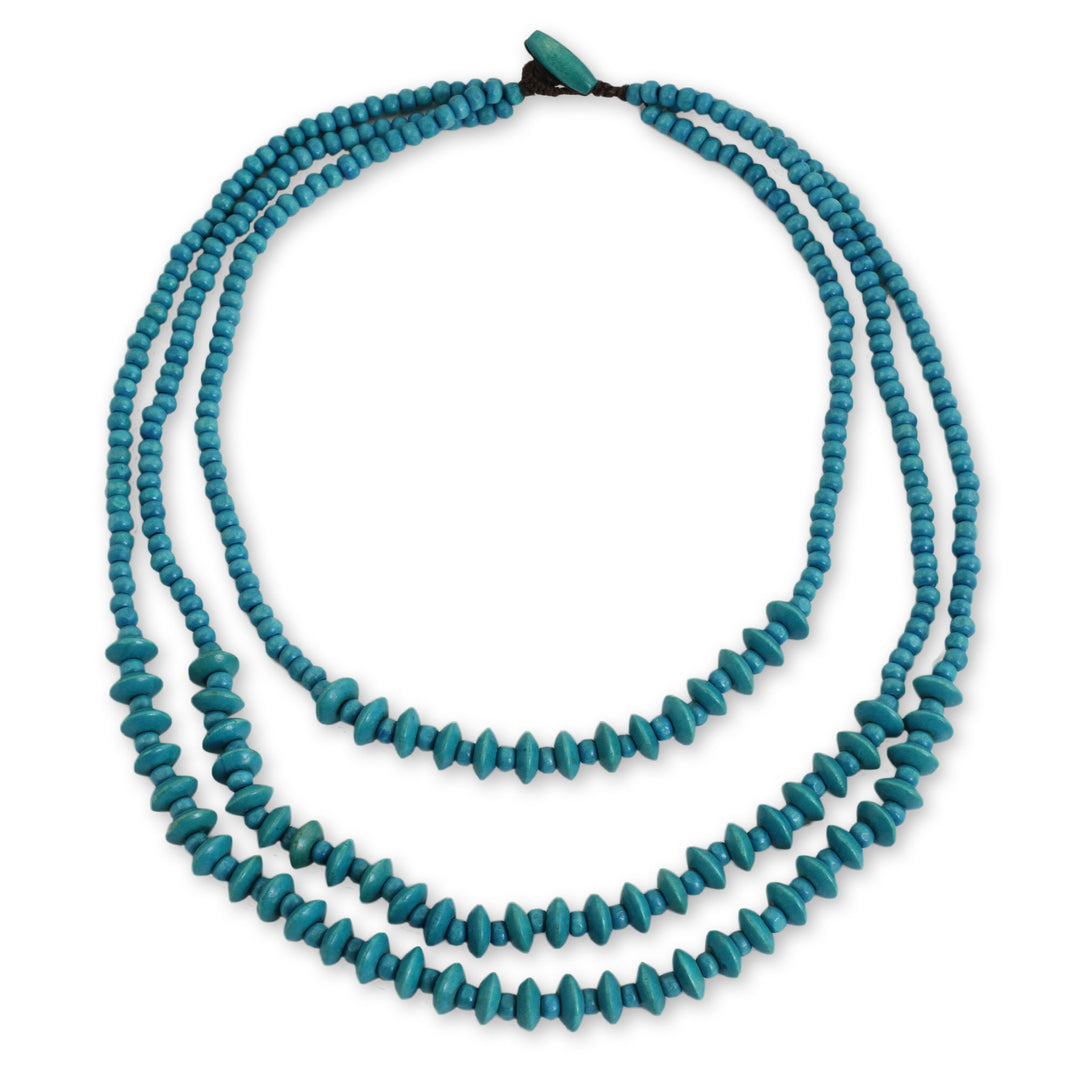 Blue Beaded Wood Waterfall Necklace Artisan Crafted Jewelry - Happy Blue