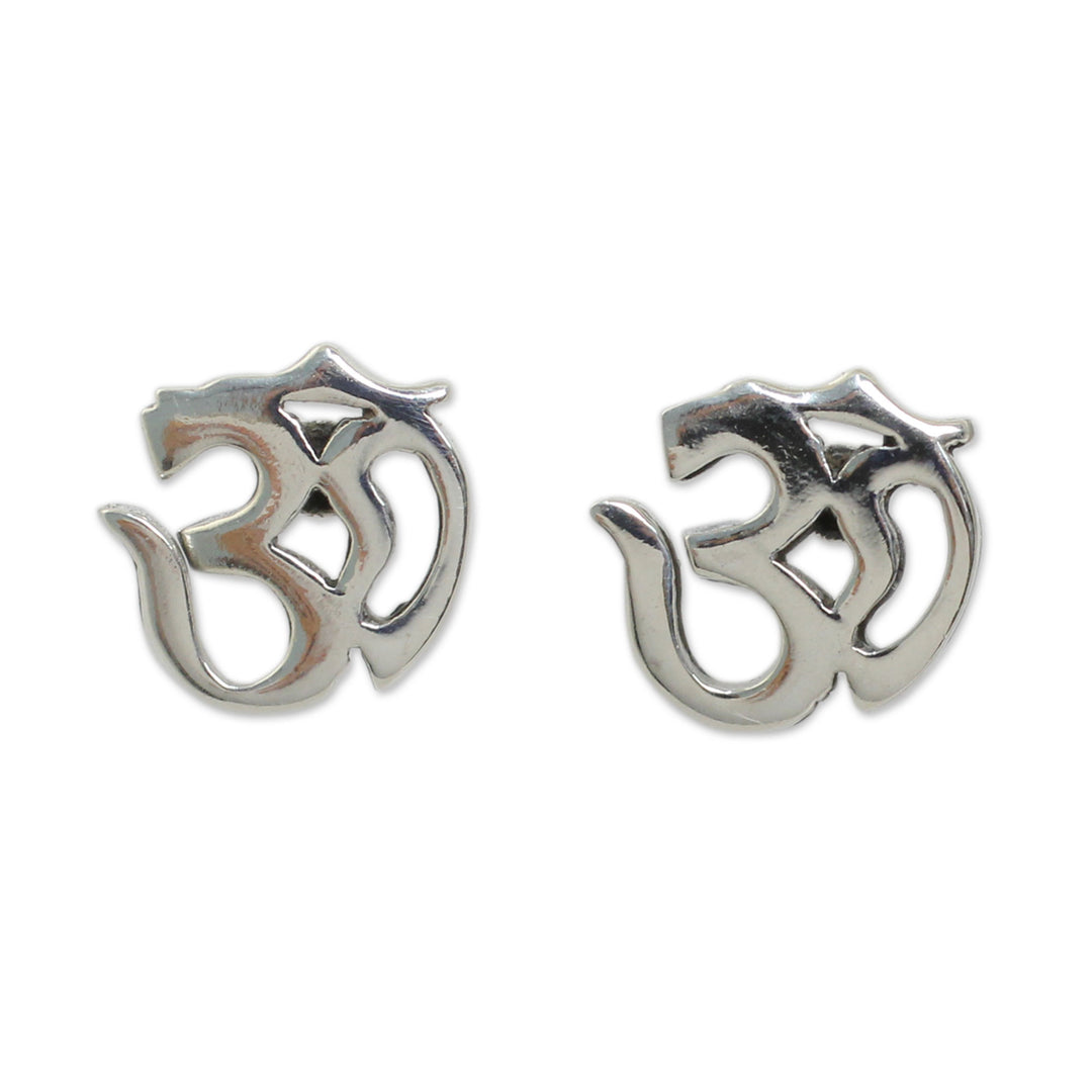 Polished Silver Om Symbol Stud Earrings from Thai Artisan - Om Symbol