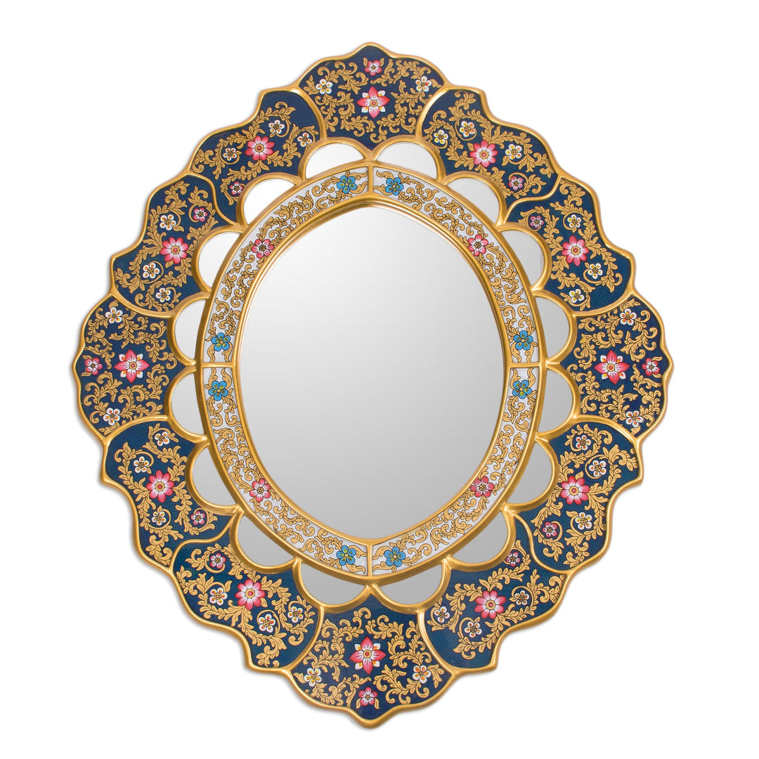Unique Floral Wood Reverse Painted Art Glass Wall Mirror  - Golden Garden