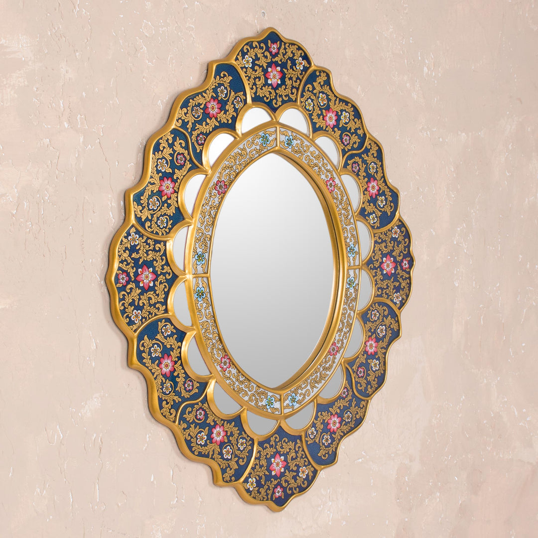 Unique Floral Wood Reverse Painted Art Glass Wall Mirror  - Golden Garden