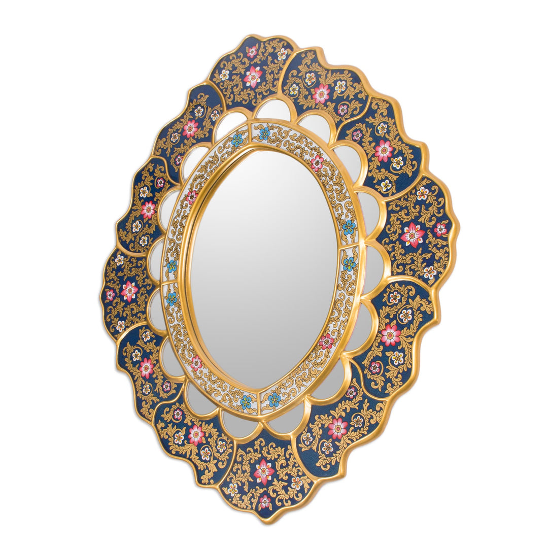 Unique Floral Wood Reverse Painted Art Glass Wall Mirror  - Golden Garden