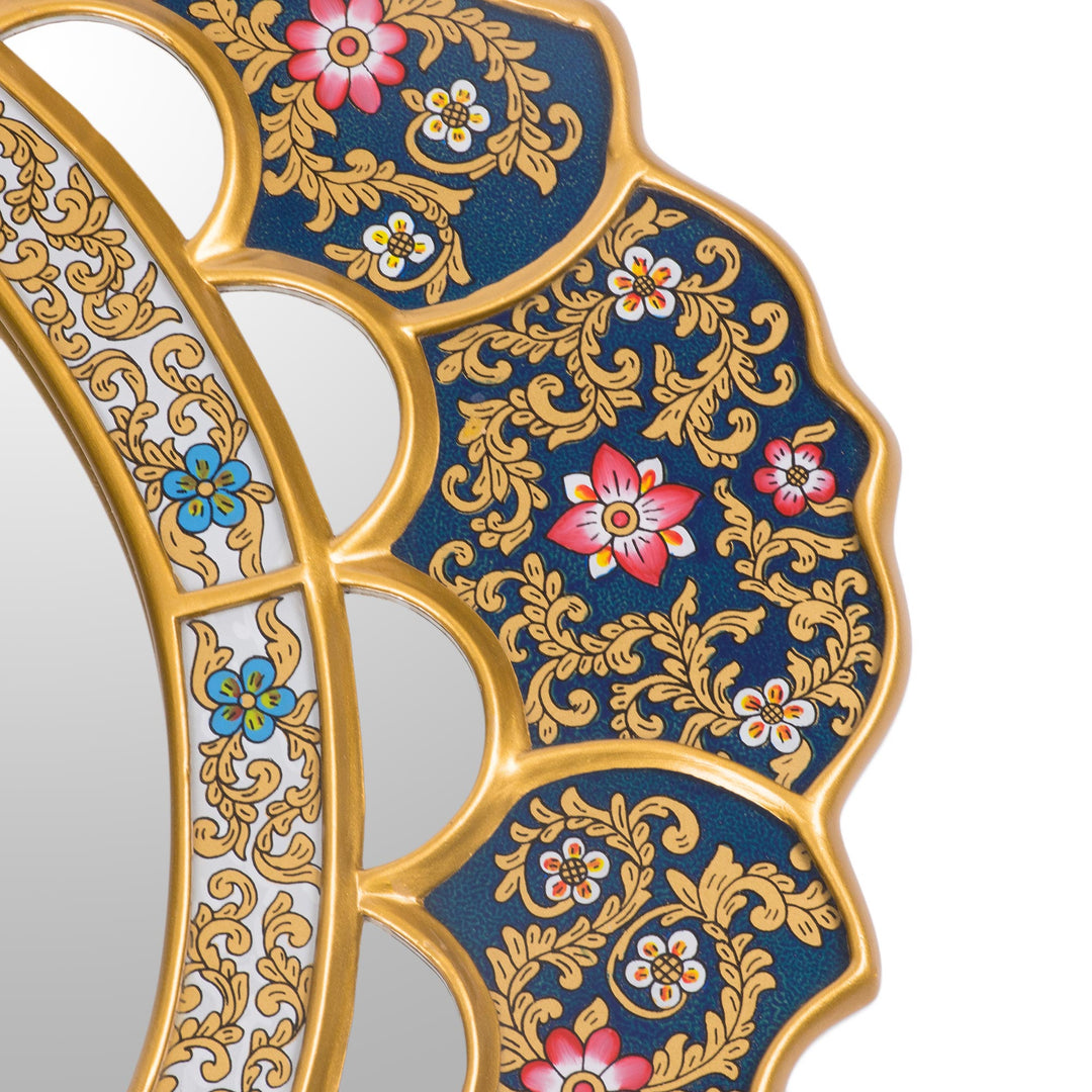 Unique Floral Wood Reverse Painted Art Glass Wall Mirror  - Golden Garden