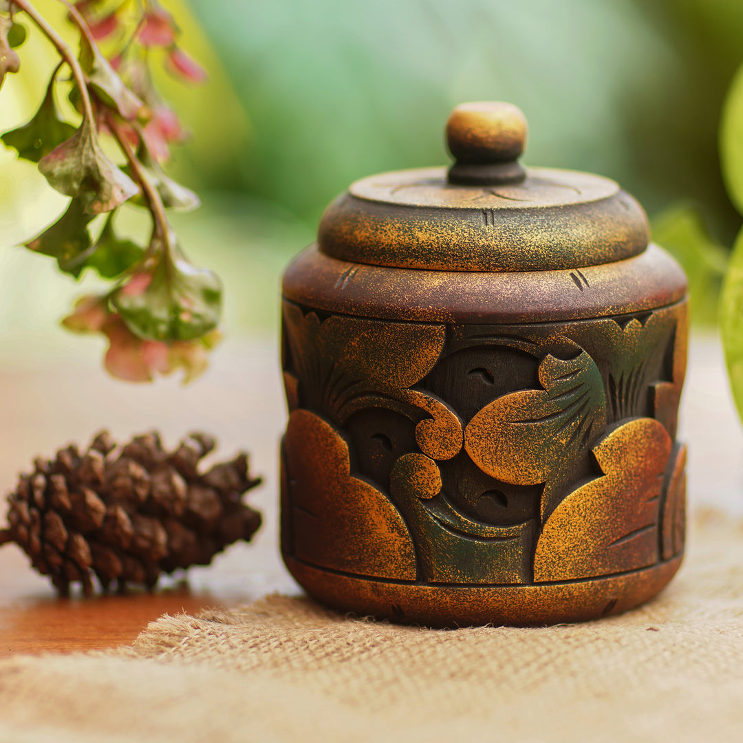 Floral Box Hand Carved in Bali from Mahogany Wood - Garden Treasure
