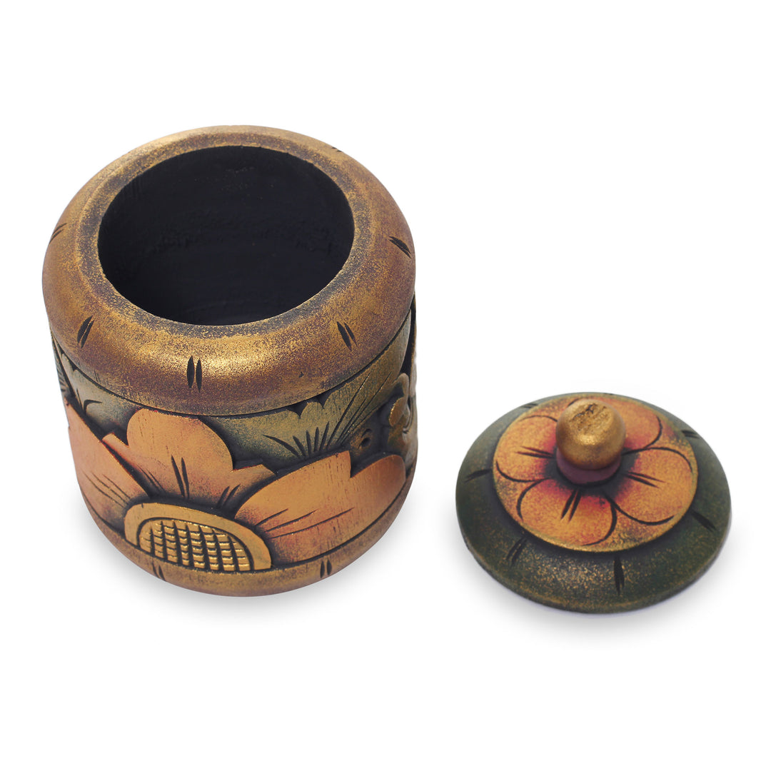 Floral Box Hand Carved in Bali from Mahogany Wood - Garden Treasure