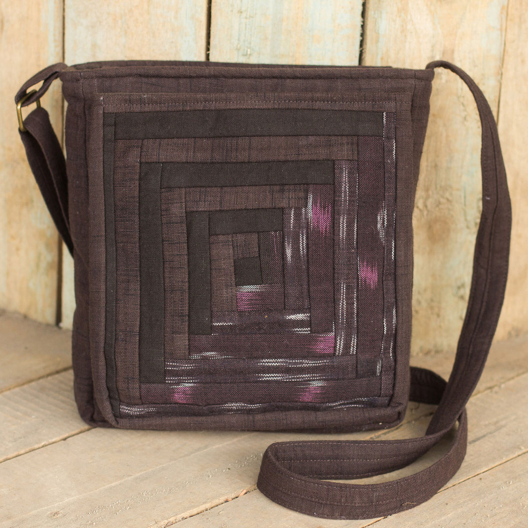 Cotton Thai Applique Dark Brown Shoulder Bag with 3 Pockets - Dark Brown Siam