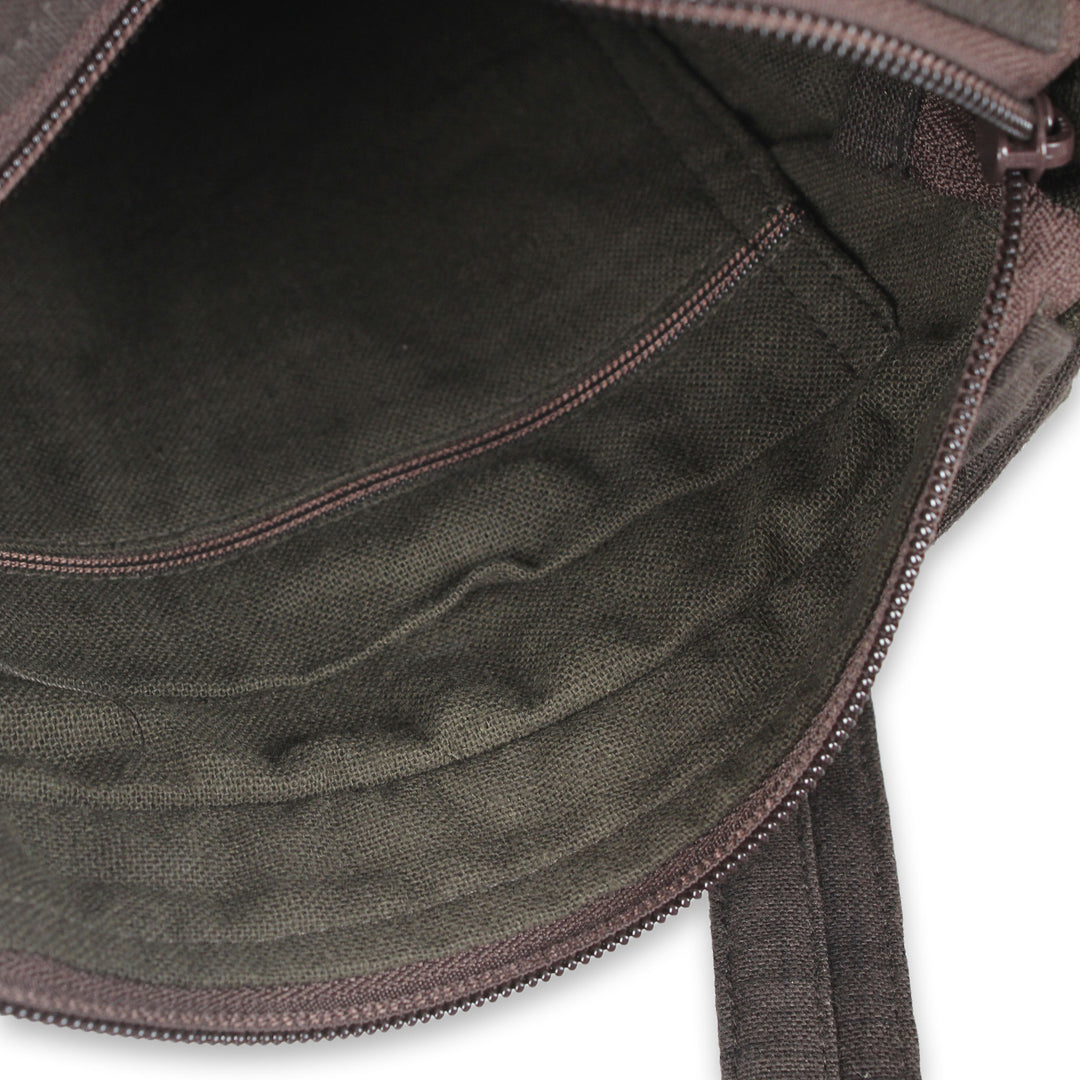 Cotton Thai Applique Dark Brown Shoulder Bag with 3 Pockets - Dark Brown Siam