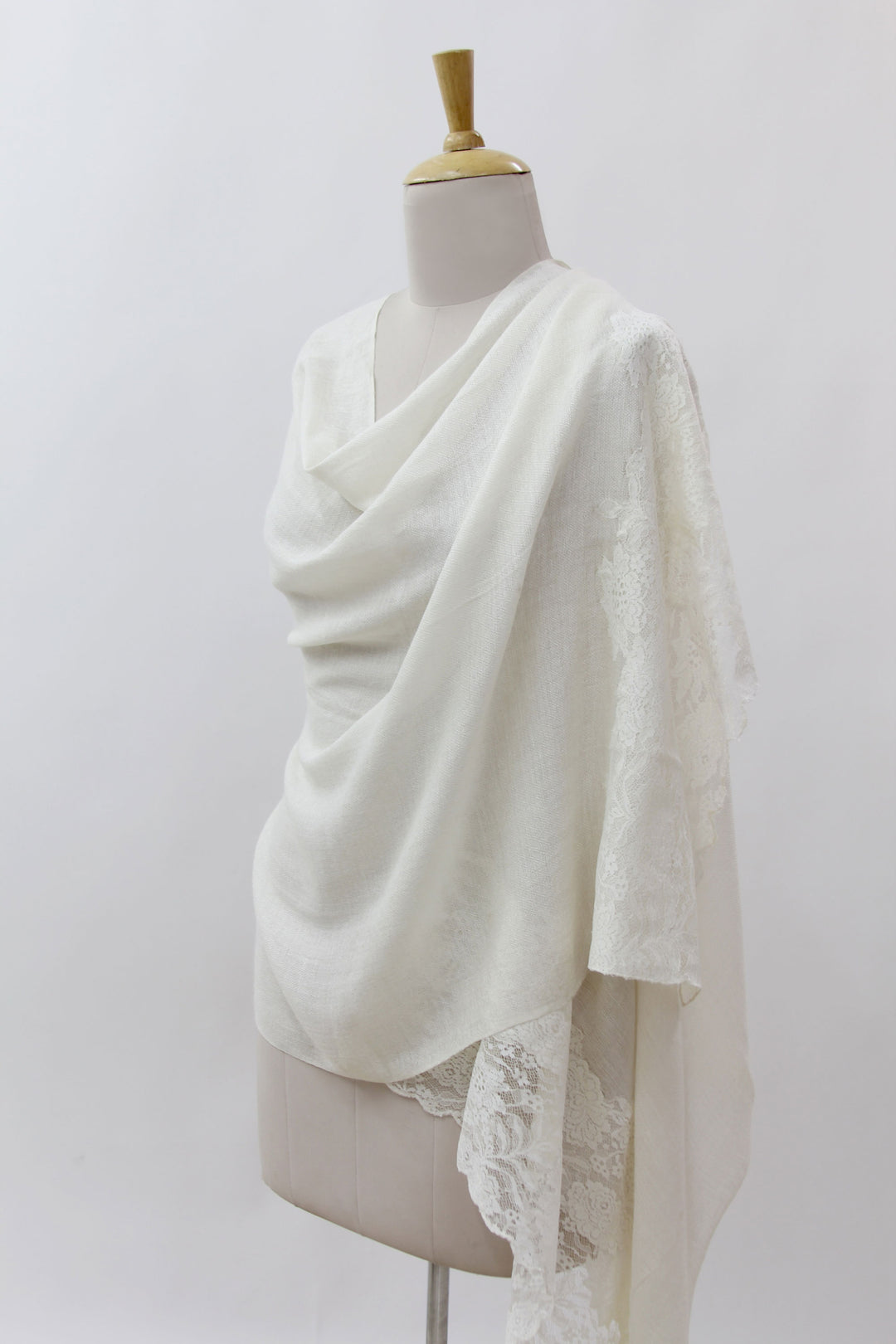 Floral Lace on Cream Wool Blend Shawl Wrap from India - Impassioned Kashmir in Cream