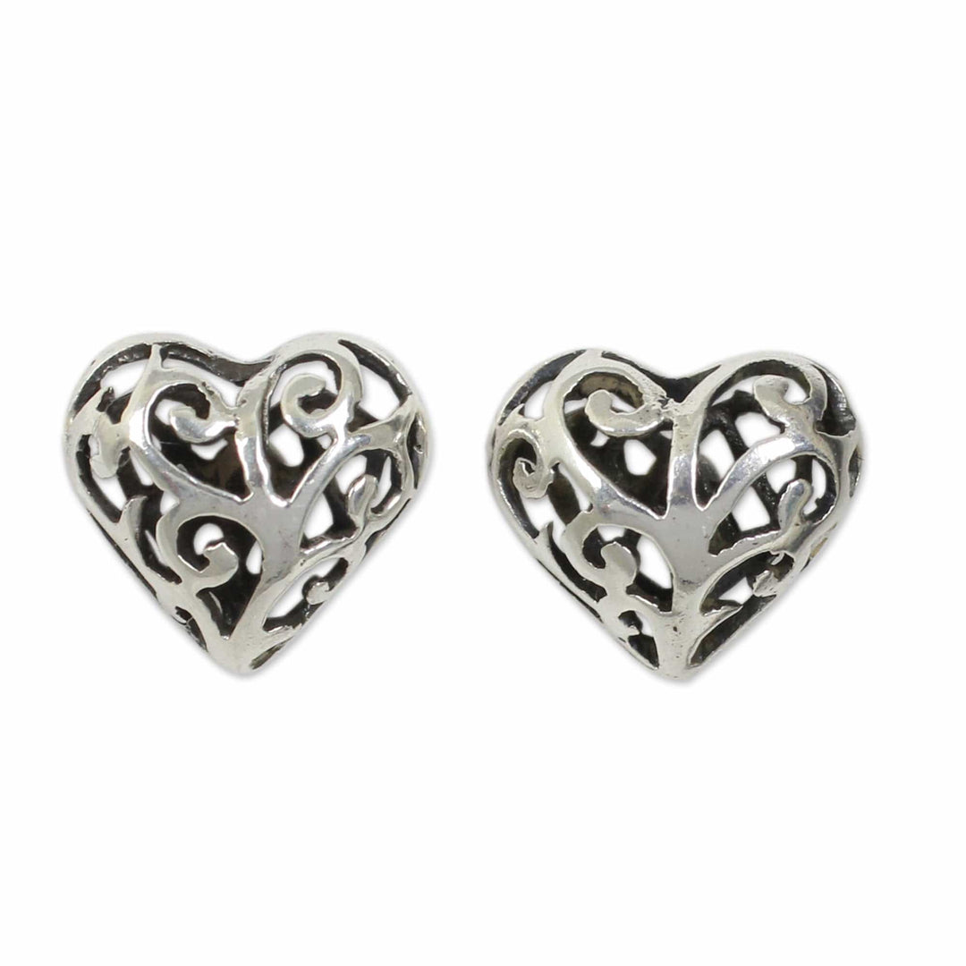 Hand Crafted Sterling Silver Filigree Heart Post Earrings - Filigree Love