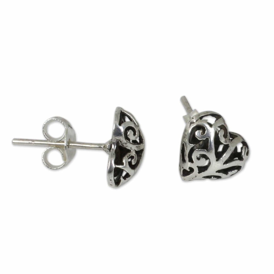 Hand Crafted Sterling Silver Filigree Heart Post Earrings - Filigree Love