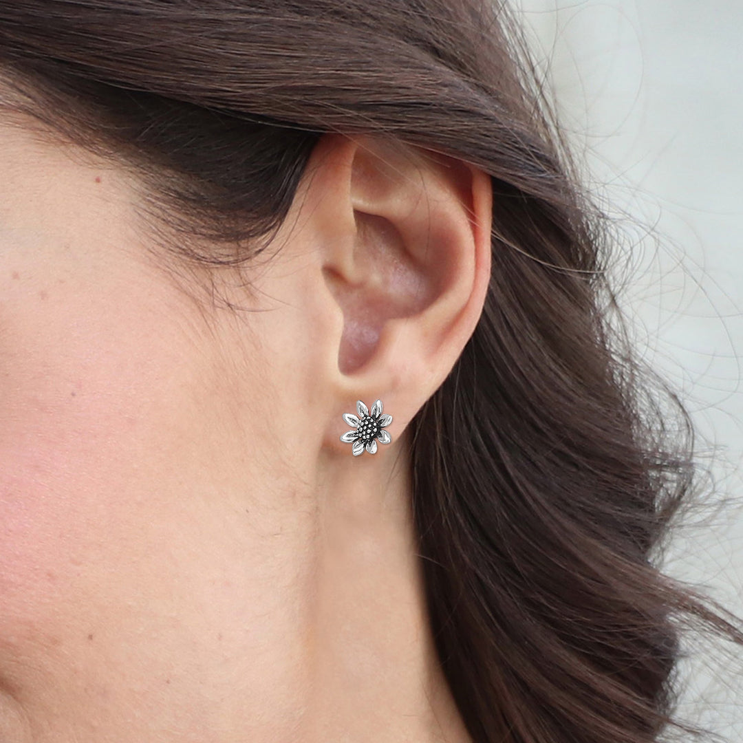 Small Sterling Silver Sun Flower Post Earrings from Thailand - Sunflower Love